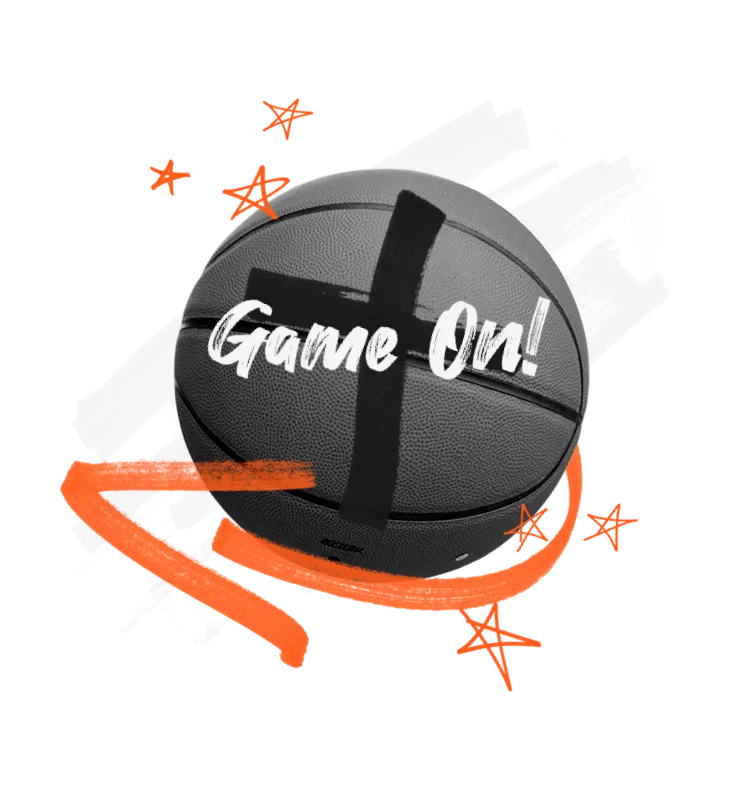 Basketball with "Game On!" lettering and orange stars